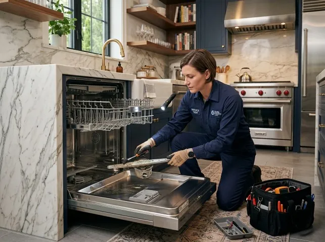 Appliance Repair Hero technician servicing a built-in dishwasher in a Bismarck, AR kitchen