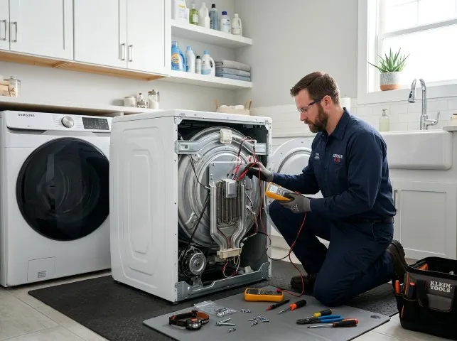 Appliance Repair Hero technician checking a dryer heating element with the rear panel off in Bismarck, AR