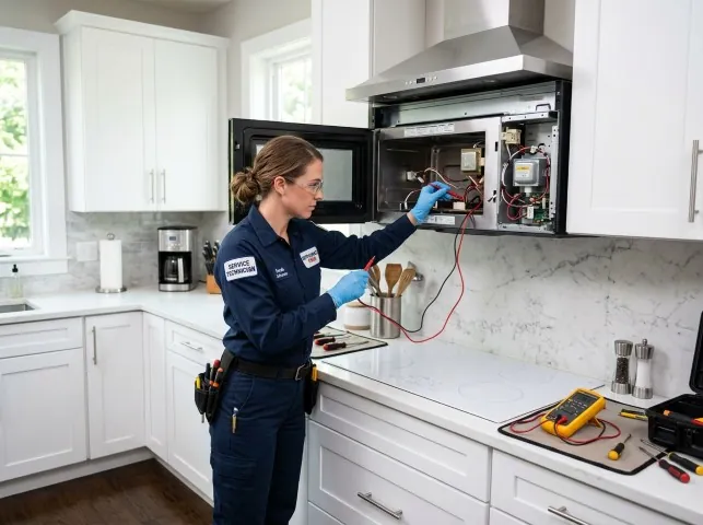 Appliance Repair Hero technician testing an over-the-range microwave in a Bismarck, AR kitchen
