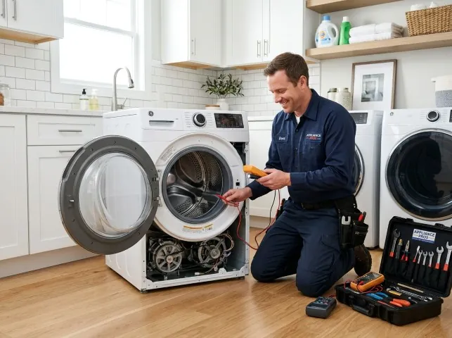 Appliance Repair Hero technician testing a front-load washer with a multimeter on a Bismarck, AR service call